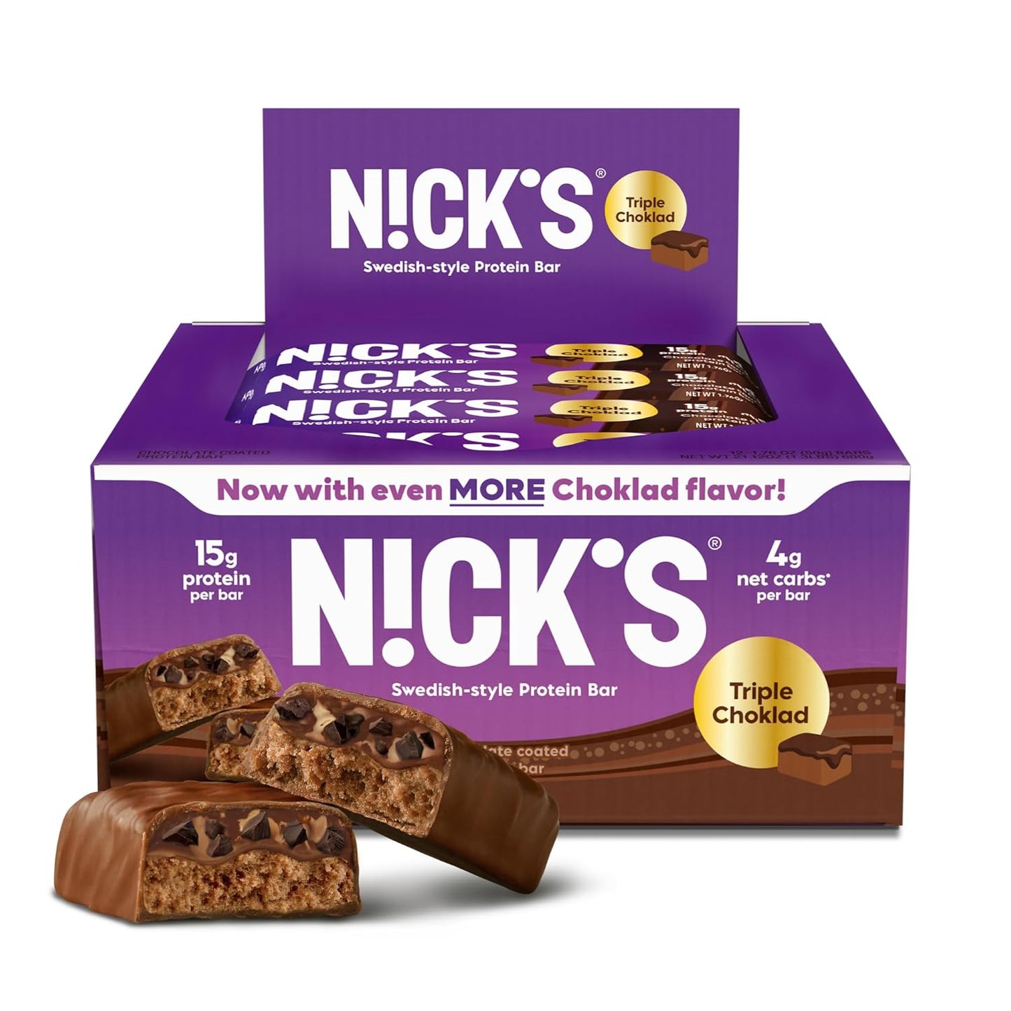 NICKS Triple Chocolate Protein Bars 12g Protein 170 Calories Low Carb Keto Snacks No Sugar Added 12-Pack 50g Bars
