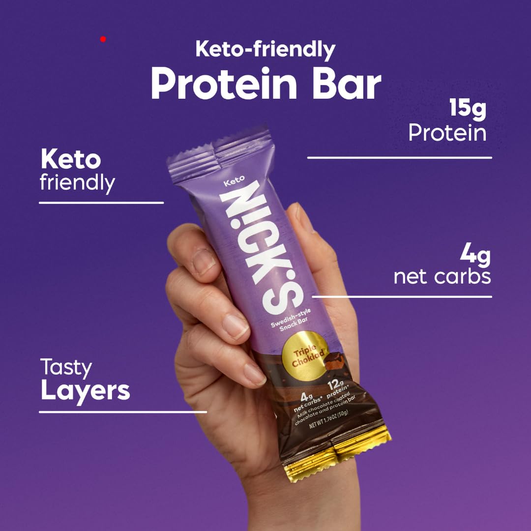 NICKS Triple Chocolate Protein Bars 12g Protein 170 Calories Low Carb Keto Snacks No Sugar Added 12-Pack 50g Bars
