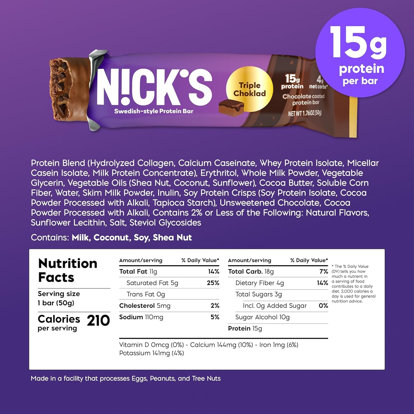 NICKS Triple Chocolate Protein Bars 12g Protein 170 Calories Low Carb Keto Snacks No Sugar Added 12-Pack 50g Bars