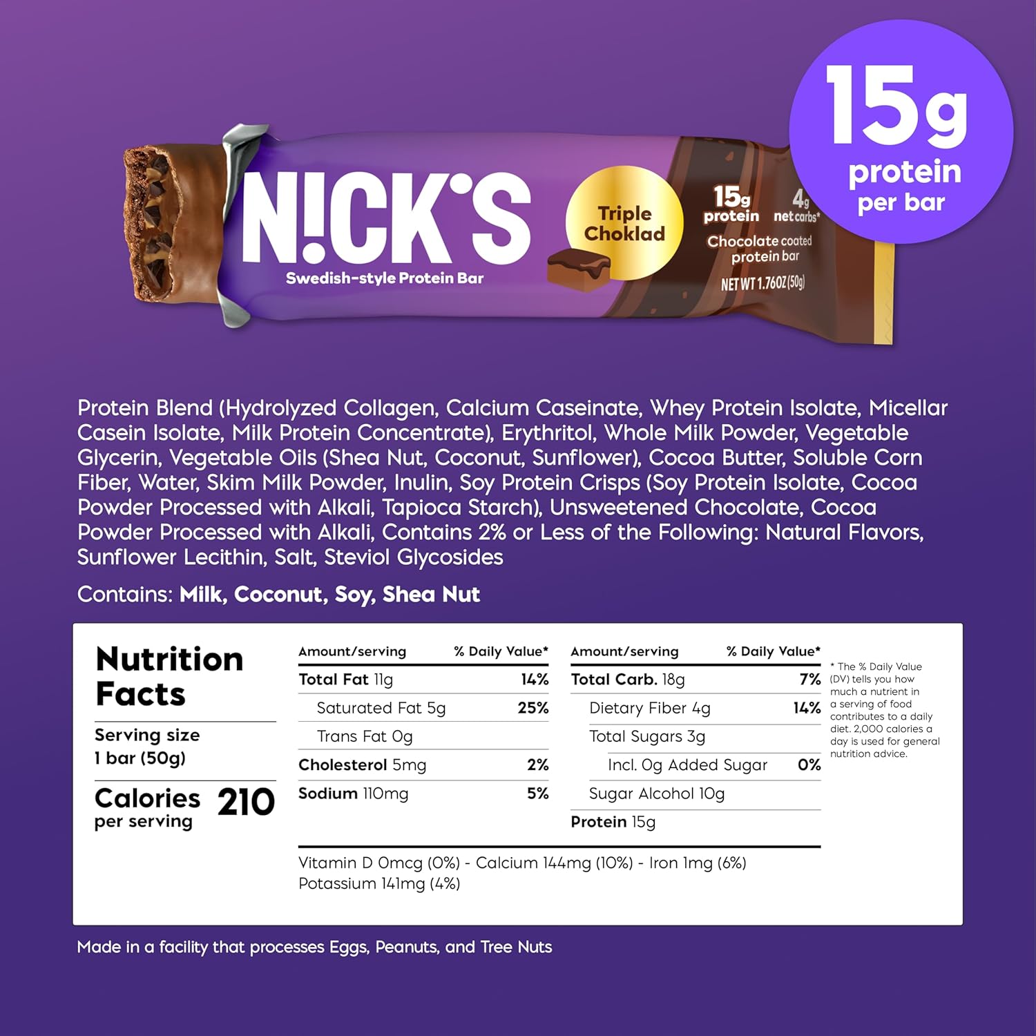 NICKS Triple Chocolate Protein Bars 12g Protein 170 Calories Low Carb Keto Snacks No Sugar Added 12-Pack 50g Bars