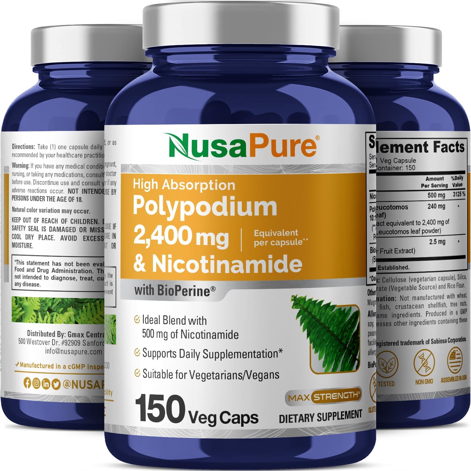 Nicotinamide 500mg + Polypodium Leucotomos Extract 2400mg Capsules - 150 Count Vegan Caps - Non-GMO, Gluten Free, Bioperine