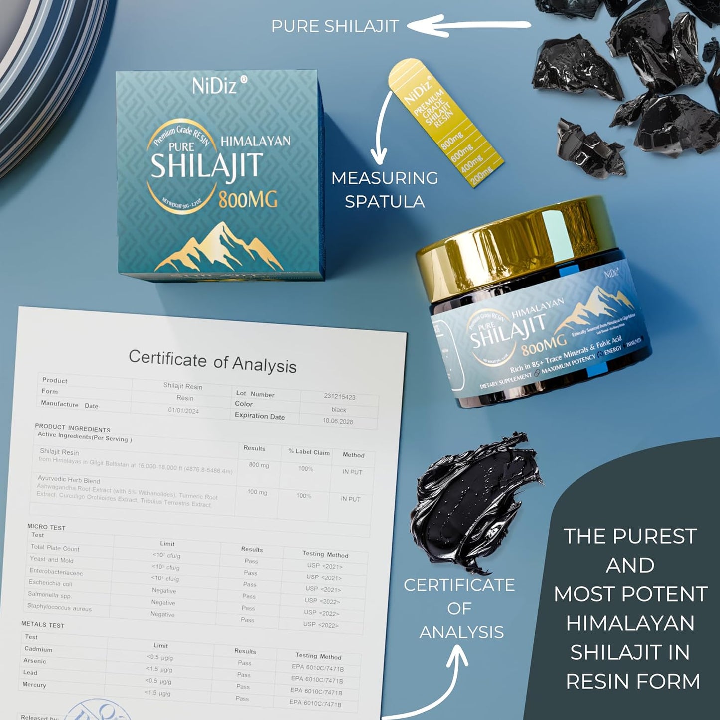 NiDiZ 800MG Shilajit Resin with 5-in-1 Ayurvedic Herbs - 100% Pure and Natural, 50g