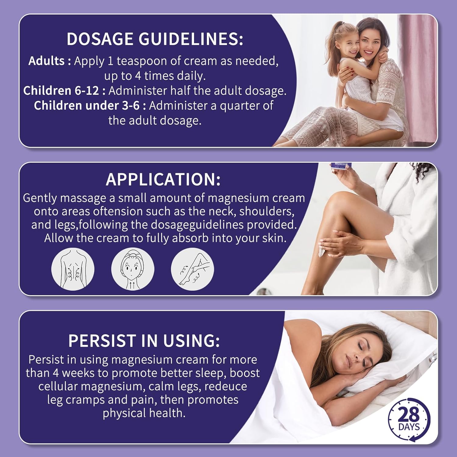 Nighttime Magnesium Cream for Sleep and Health - Topical Lotion for Feet, Legs, Bones, Heart, and Muscles - 4 OZ Magnesium Oil for Kids and Adults