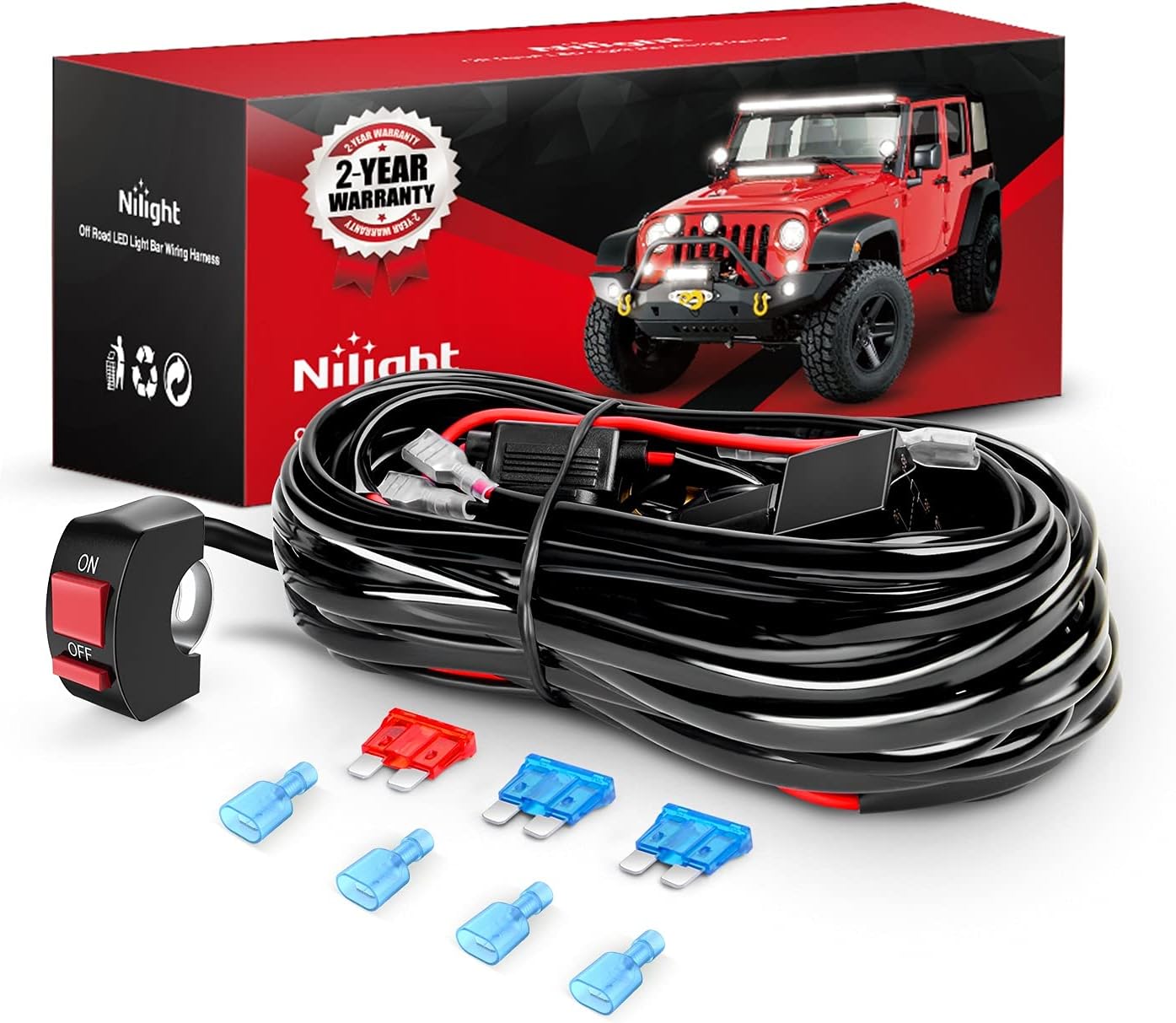 Nilight LED Light Bar Wiring Harness Kit with Handlebar Switch for Motorcycle ATV UTV Driving Lights