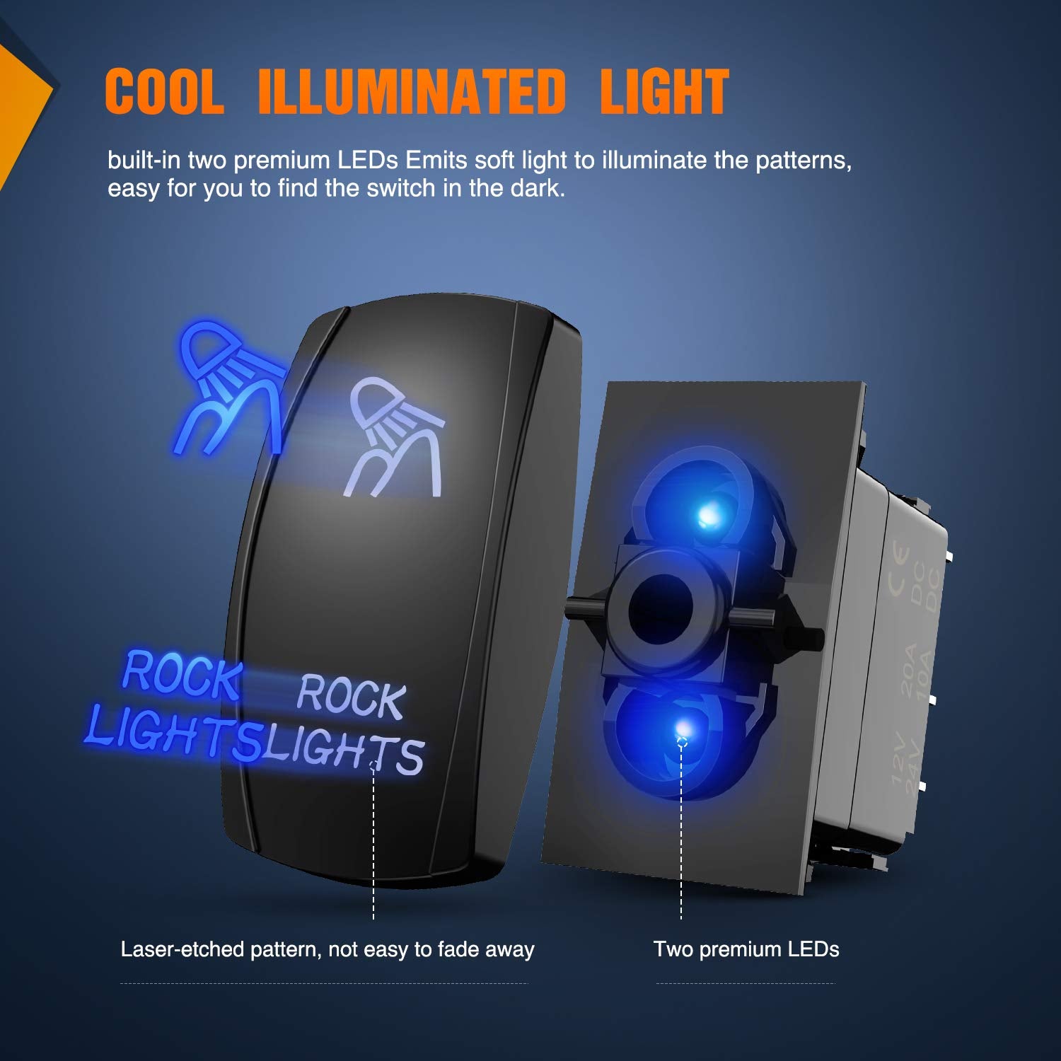 Nilight Rock Lights Rocker Switch LED Light Bar 5Pin On/Off Switch 20A/12V 10A/24V for Jeep Boat Trucks - Blue, 2-Year Warranty