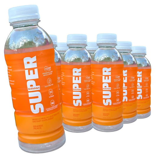 Nirvana Super Water Orange Peach - HMB Infused Vitamin D Beverage for Hydration, Muscle & Bone Support - 16.9 fl oz, 12 Bottles