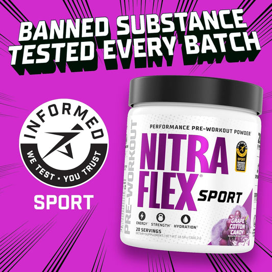 Nitraflex Sport Grape Cotton Candy Pre-Workout Powder - Banned Substance Tested with Citrulline, Betaine, Electrolytes, Hydration, Boron - 20 Servings for Men & Women
