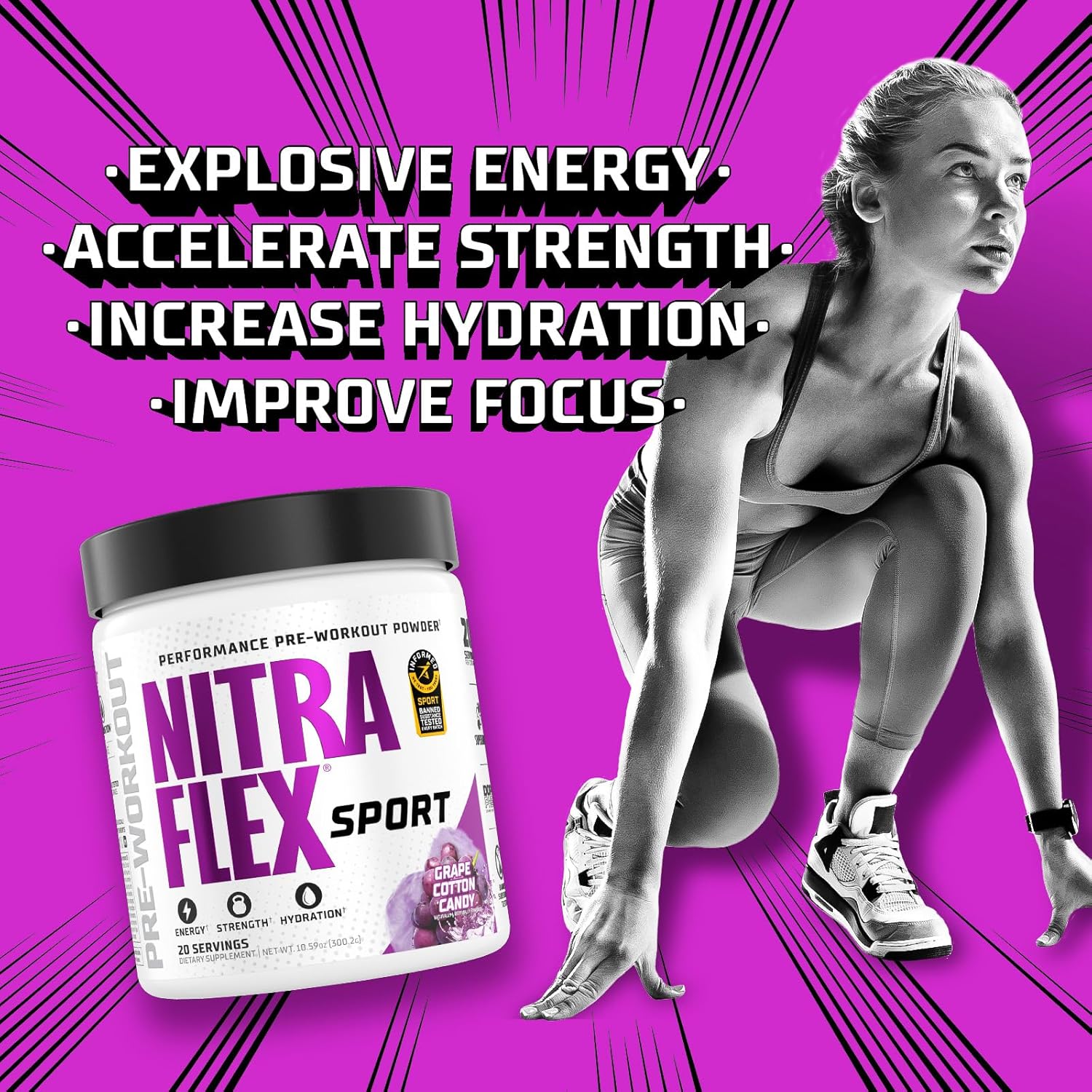 Nitraflex Sport Grape Cotton Candy Pre-Workout Powder - Banned Substance Tested with Citrulline, Betaine, Electrolytes, Hydration, Boron - 20 Servings for Men & Women