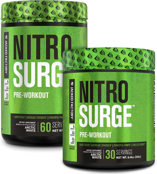 NITROSURGE Pre Workout Supplement - Boost Energy, Increase Strength, Enhance Focus, Intense Pumps - NO Booster & Powerful Energy Powder - 90 Servings, Arctic White