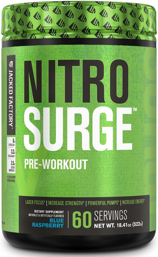 NITROSURGE Pre Workout Supplement: Energy Booster, Strength Gains, Focus, Pumps - NO Booster Powder - 60 Servings