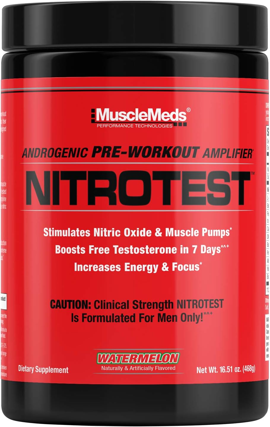 Nitrotest Pre-Workout Supplement Drink by MuscleMeds - Boost Nitric Oxide & Testosterone - Watermelon Flavor - 30 Servings - 1.03lb