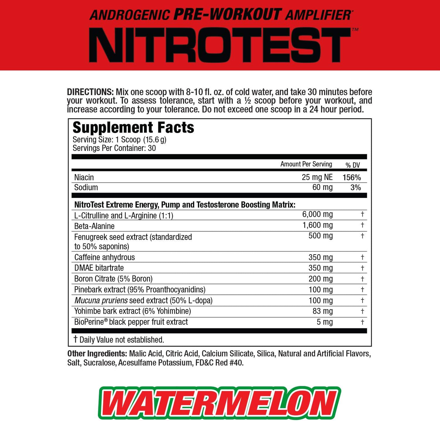 Nitrotest Pre-Workout Supplement Drink by MuscleMeds - Boost Nitric Oxide & Testosterone - Watermelon Flavor - 30 Servings - 1.03lb