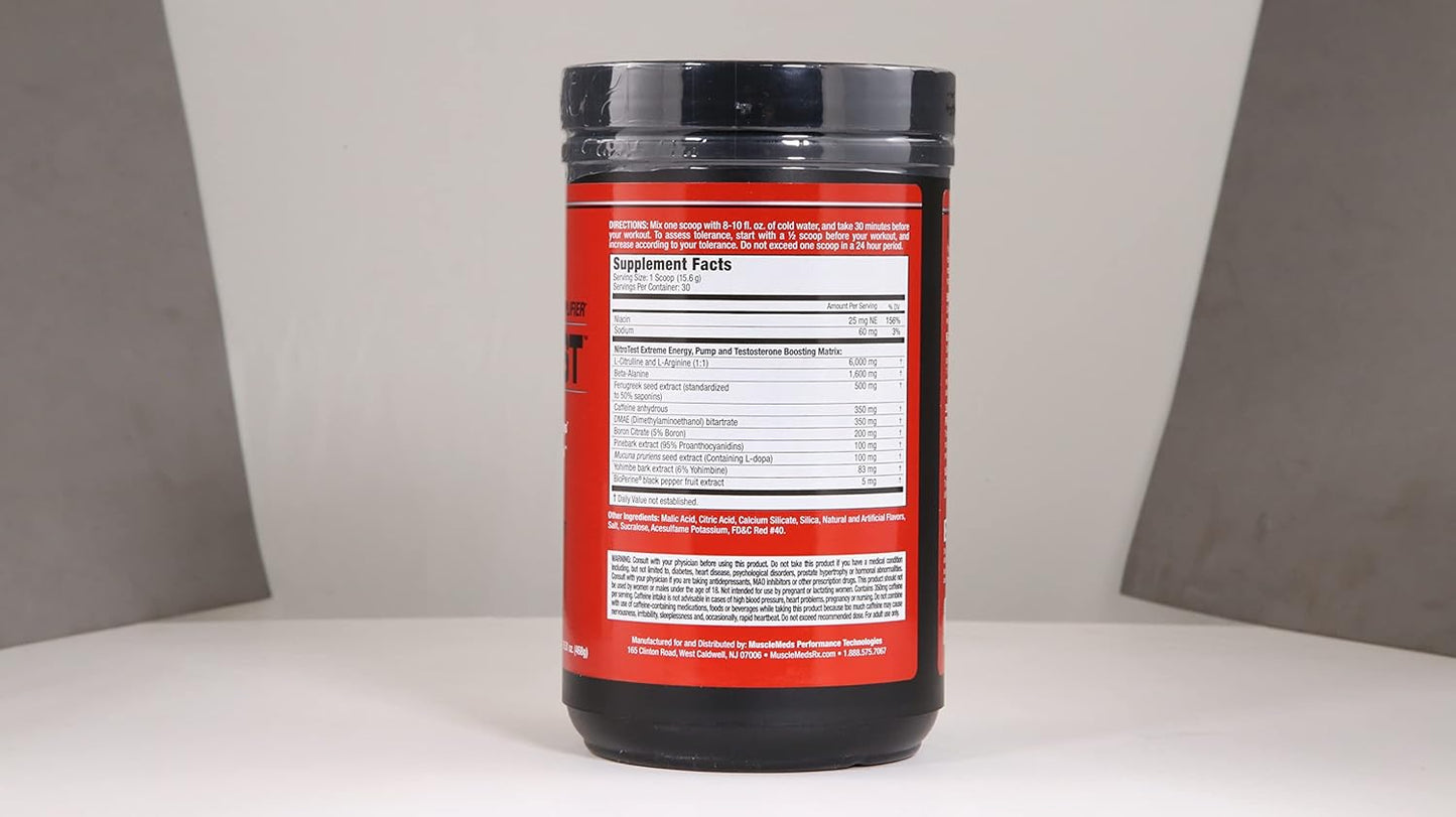 Nitrotest Pre-Workout Supplement Drink by MuscleMeds - Boost Nitric Oxide & Testosterone - Watermelon Flavor - 30 Servings - 1.03lb