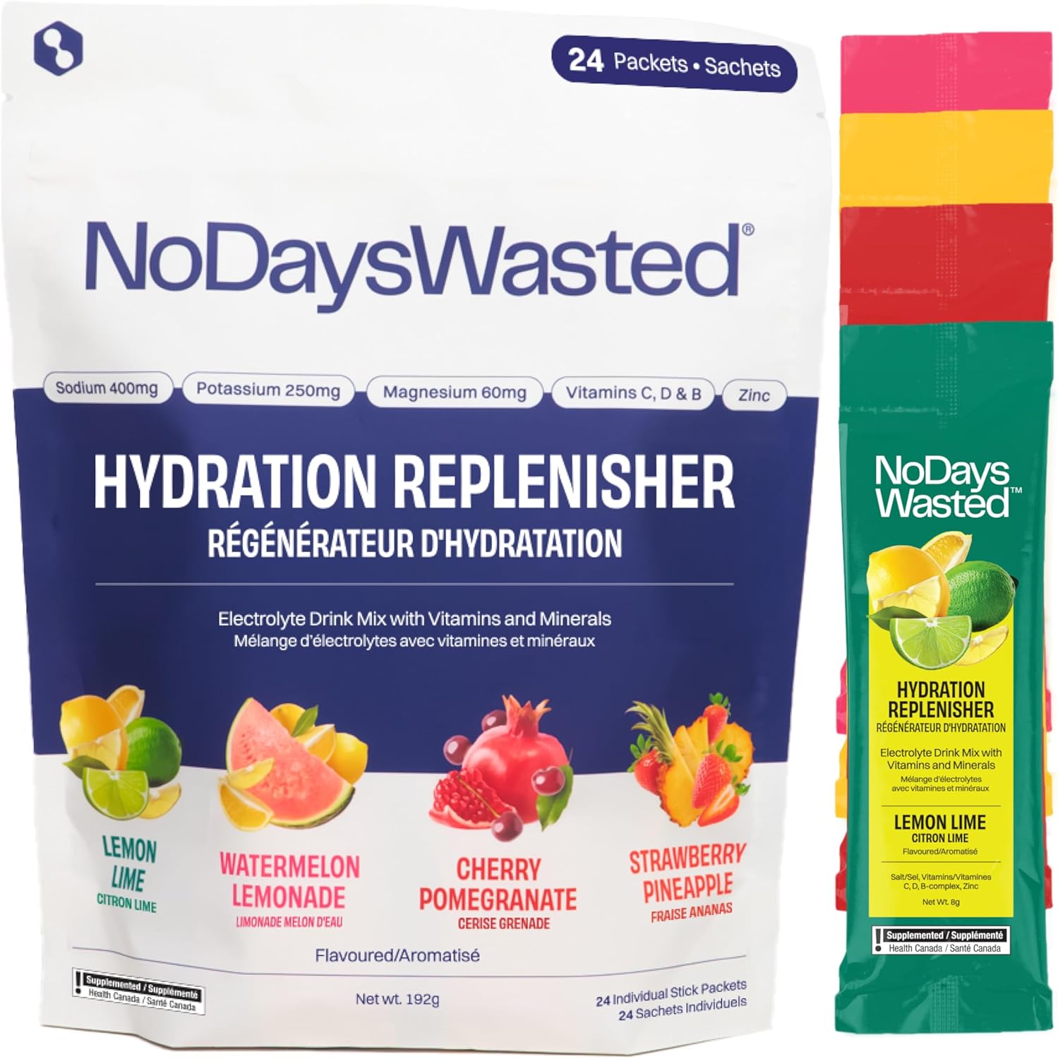 No Days Wasted Electrolyte Replacement Stick Packets - Rapid Hydration & Vitamins - Sodium, Potassium, Magnesium, Vitamins B, C, D, Zinc - 4 Flavor Variety Pack