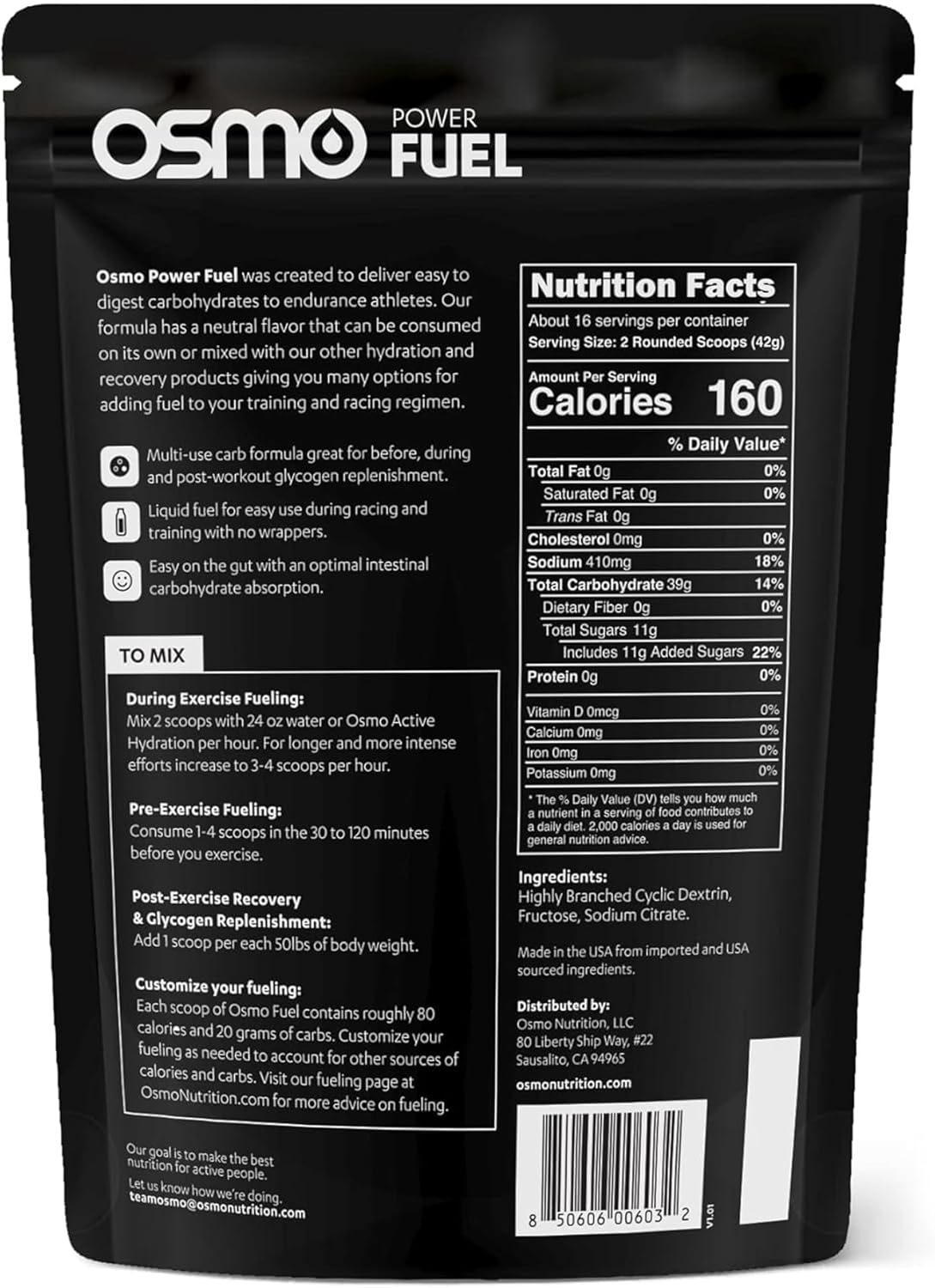 Non-Caffeine Carbohydrate Powder for Rapid Fueling - Osmo Power Fuel with Cluster Dextrin, Sodium, and Fructose - 16 Servings