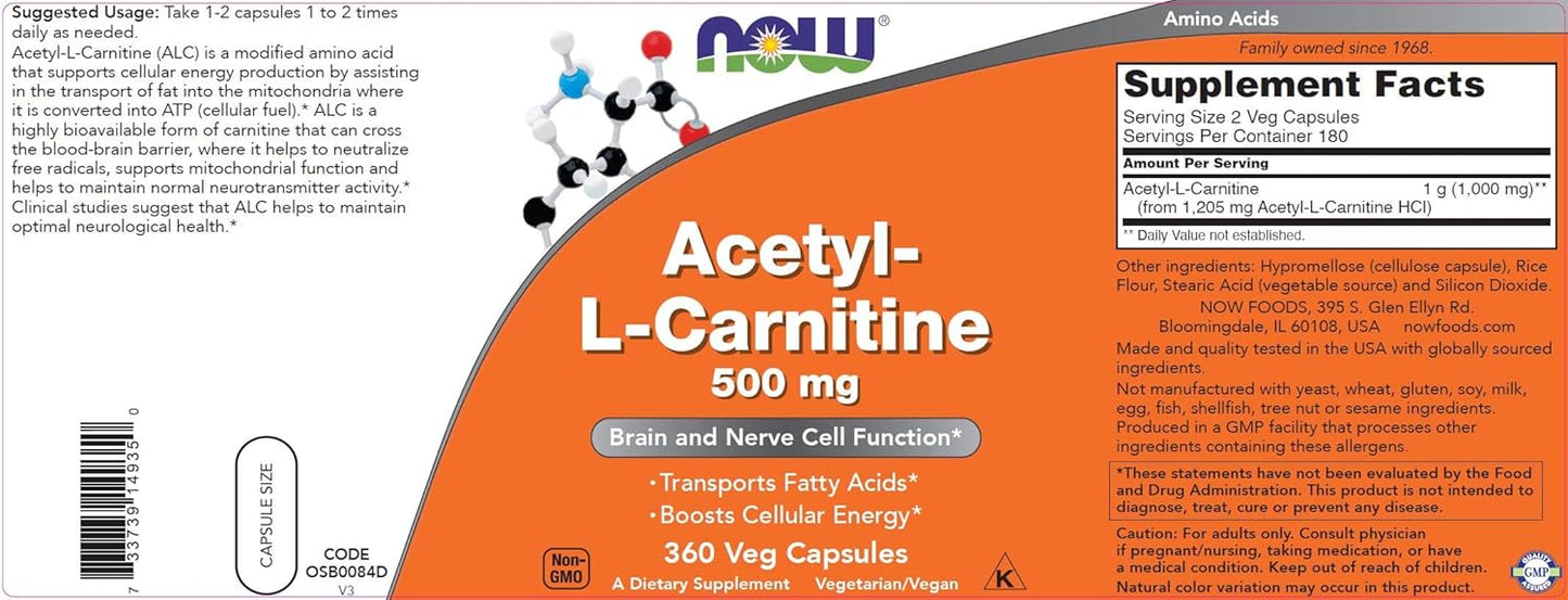 Non-GMO Acetyl L Carnitine 500mg Veg Caps - Pack of 2 - ACL 500 mg Supplement for Men and Women by NOW Foods