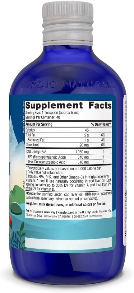 Non-GMO Arctic Cod Liver Oil - 8 oz Bottle with 1060 mg Total Omega-3s - Supports Heart, Brain, and Immune Health - Unflavored - 48 Servings