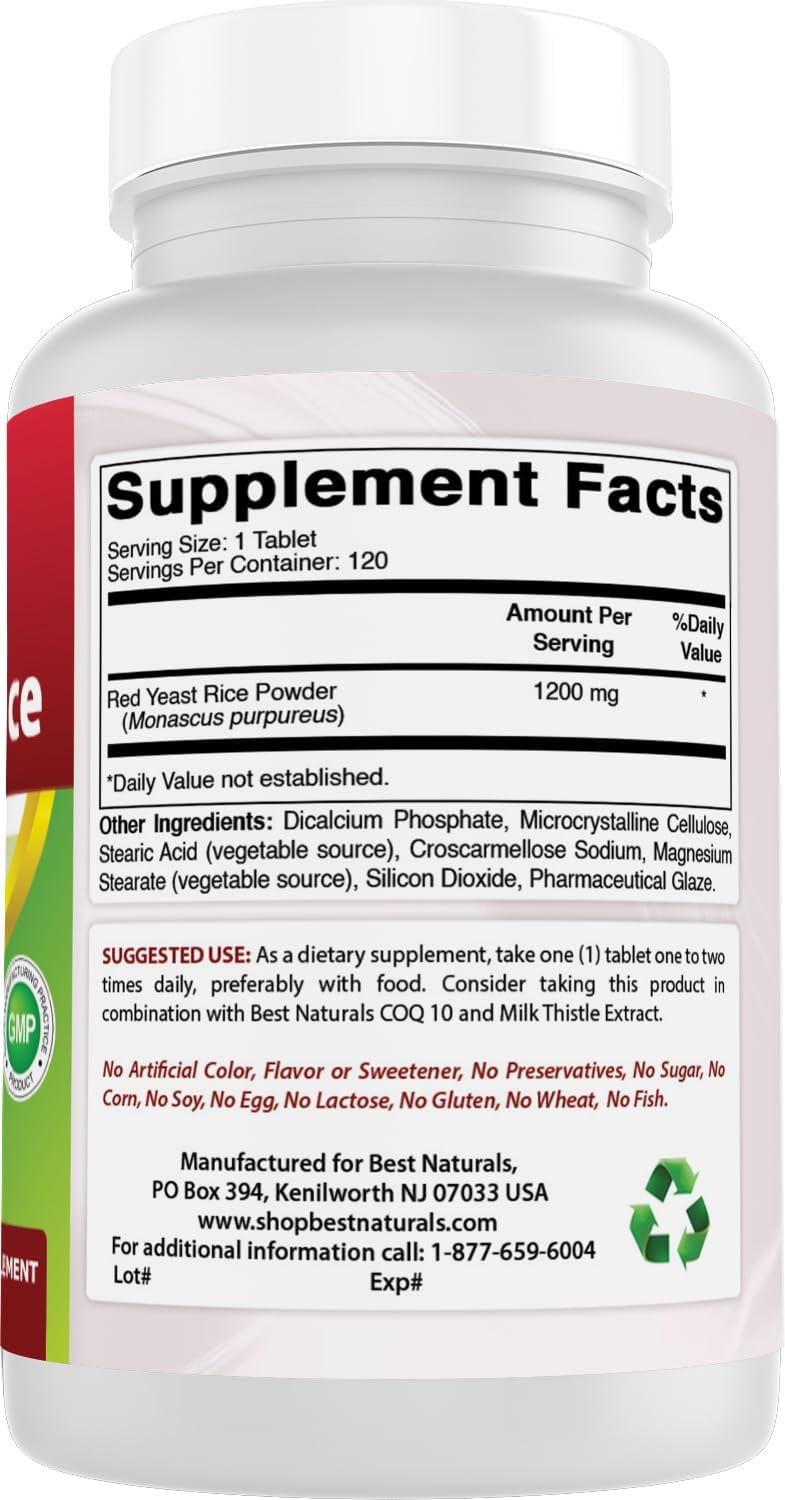 Non-GMO Best Naturals Red Yeast Rice 1200mg - 360 Tablets, Pack of 3