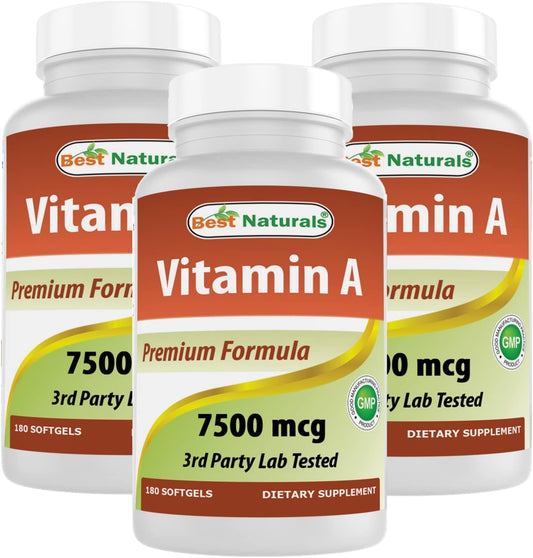 Non-GMO Best Naturals Vitamin A 25000 IU Softgels for Healthy Vision & Immune System, 180 Count Pack of 3