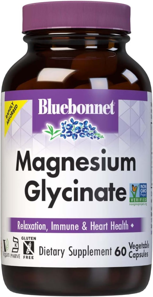 Non-GMO Bluebonnet Magnesium Glycinate Capsules for Energy Production and Enzyme Function - Vegan, Kosher, Gluten-Free, Soy-Free, Dairy-Free - 60 Capsules