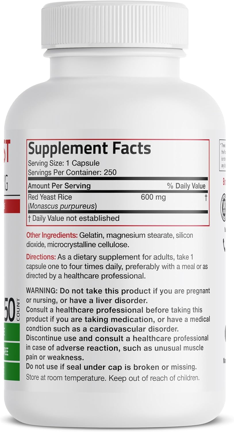 Non-GMO Bronson Red Yeast Rice 600 MG Monascus Purpureus Herbal Health Supplement - 250 Capsules