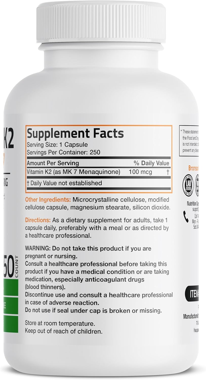 Non-GMO Bronson Vitamin K2 MK-7 Menaquinone 100mcg - 250 Capsules