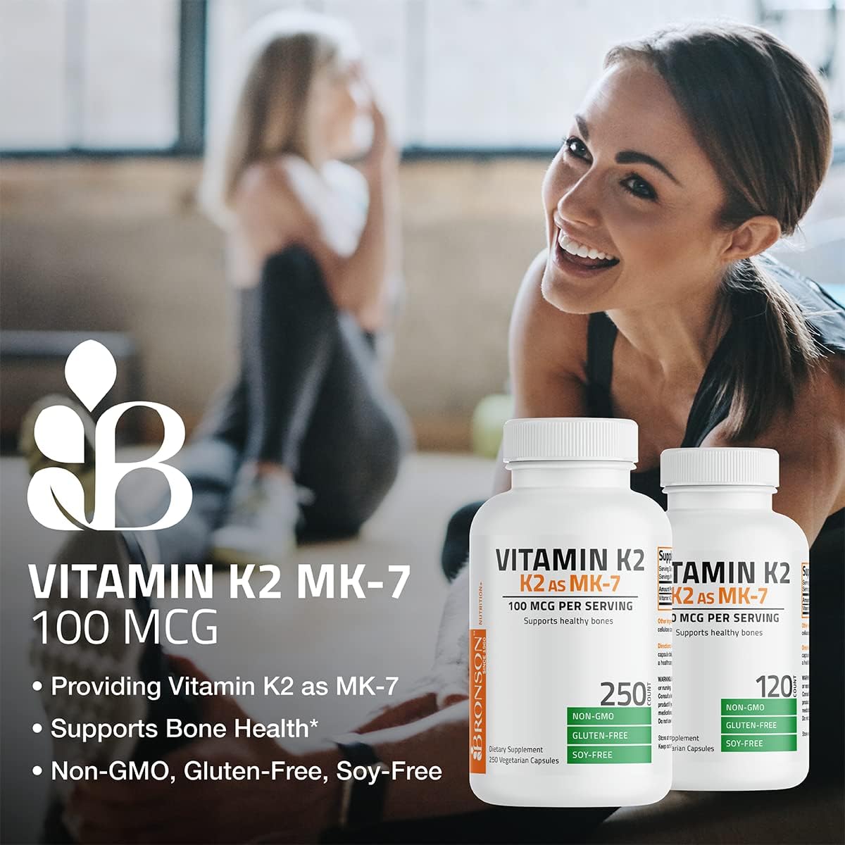 Non-GMO Bronson Vitamin K2 MK-7 Menaquinone 100mcg - 250 Capsules
