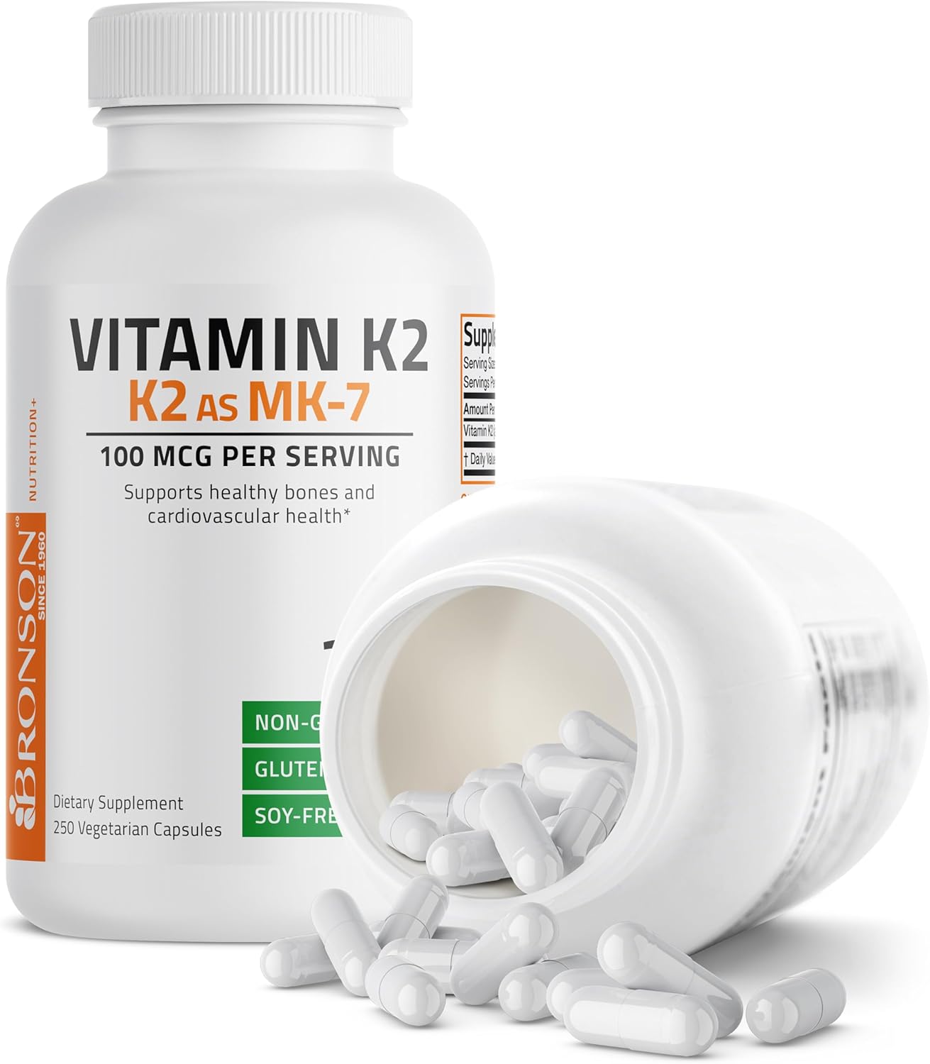 Non-GMO Bronson Vitamin K2 MK-7 Menaquinone 100mcg - 250 Capsules