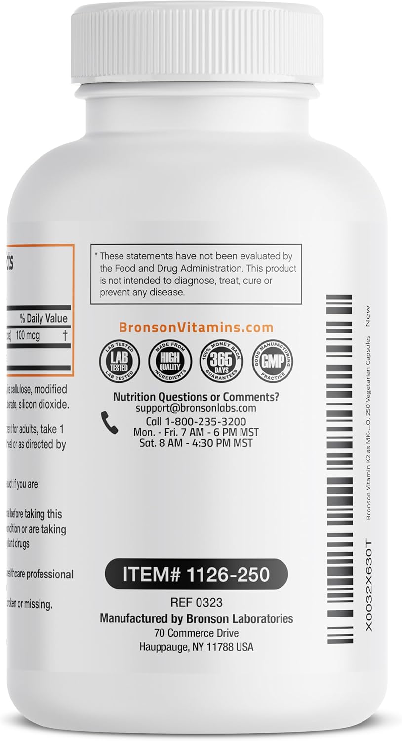Non-GMO Bronson Vitamin K2 MK-7 Menaquinone 100mcg - 250 Capsules