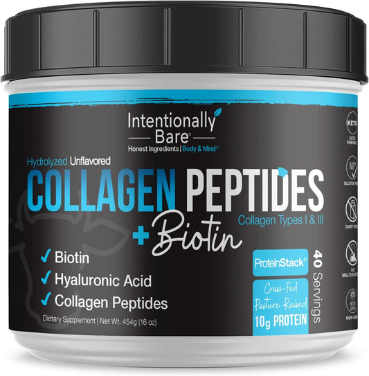 Non-GMO Collagen Peptides Powder with Biotin & Hyaluronic Acid - 10g Protein - Keto-Friendly - Unflavored - 40 Servings