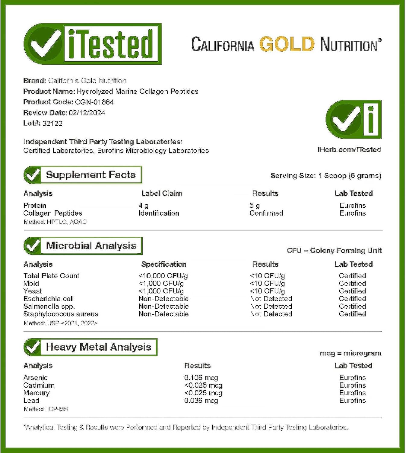 Non-GMO Collagen Peptides Powder with Hyaluronic Acid for Hair, Skin, Nails, Joints, Bones - California Gold Nutrition - 17.64 oz
