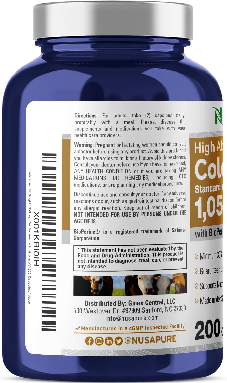 Non-GMO Colostrum 1050mg with 30% IgG and Bioperine - 200 Capsules Soyfree by NusaPure