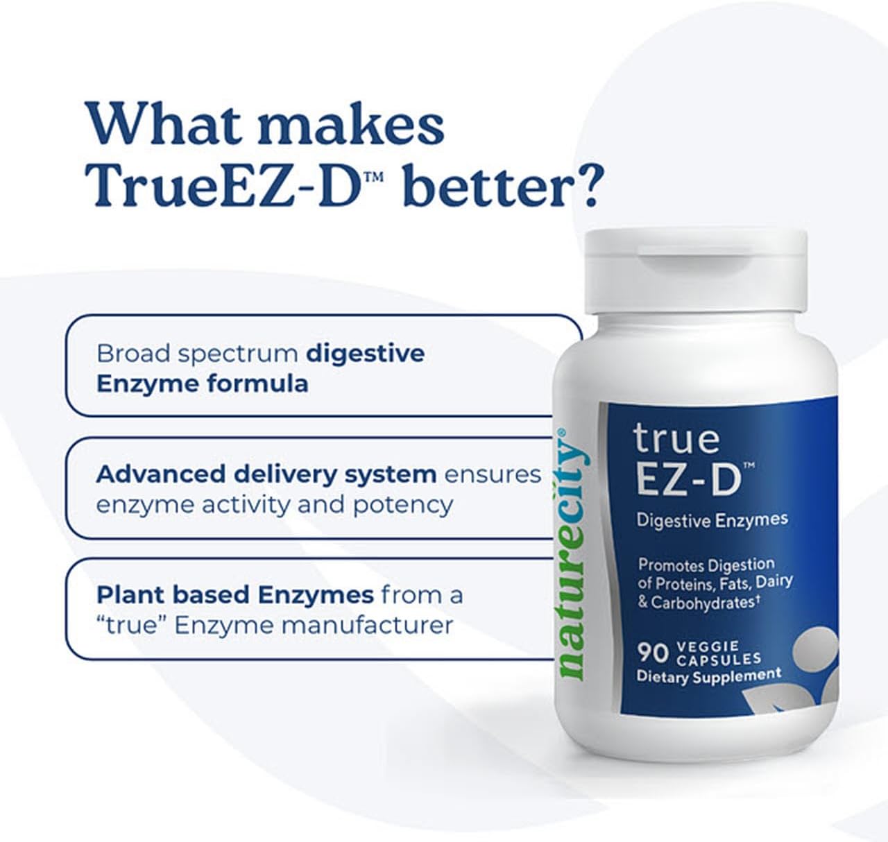 Non-GMO Digestive Enzyme Complex Supplement for Bloating Relief (90 Veggie Capsules) - NatureCity True-EZ-D Super Enzymes for Men and Women