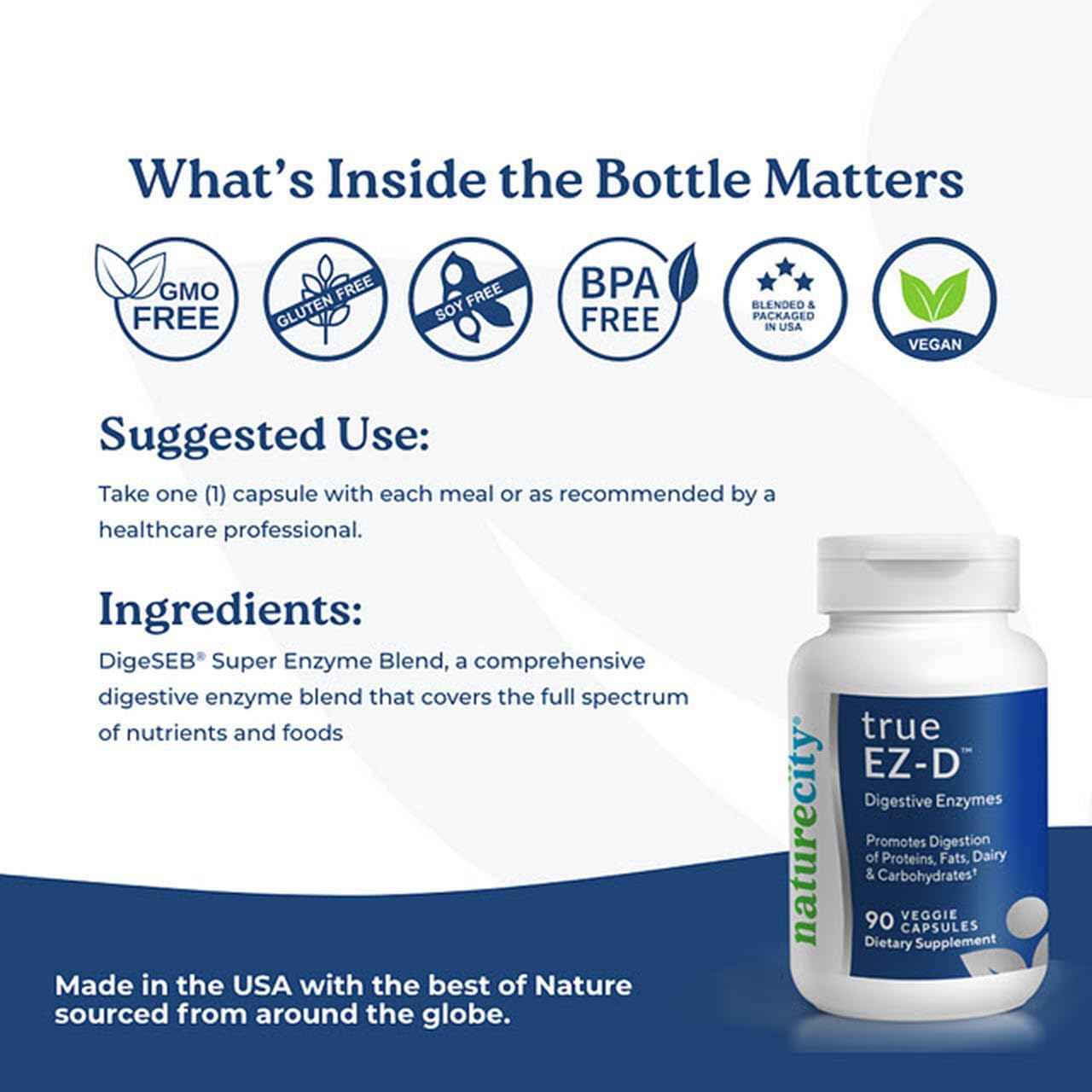 Non-GMO Digestive Enzyme Complex Supplement for Bloating Relief (90 Veggie Capsules) - NatureCity True-EZ-D Super Enzymes for Men and Women