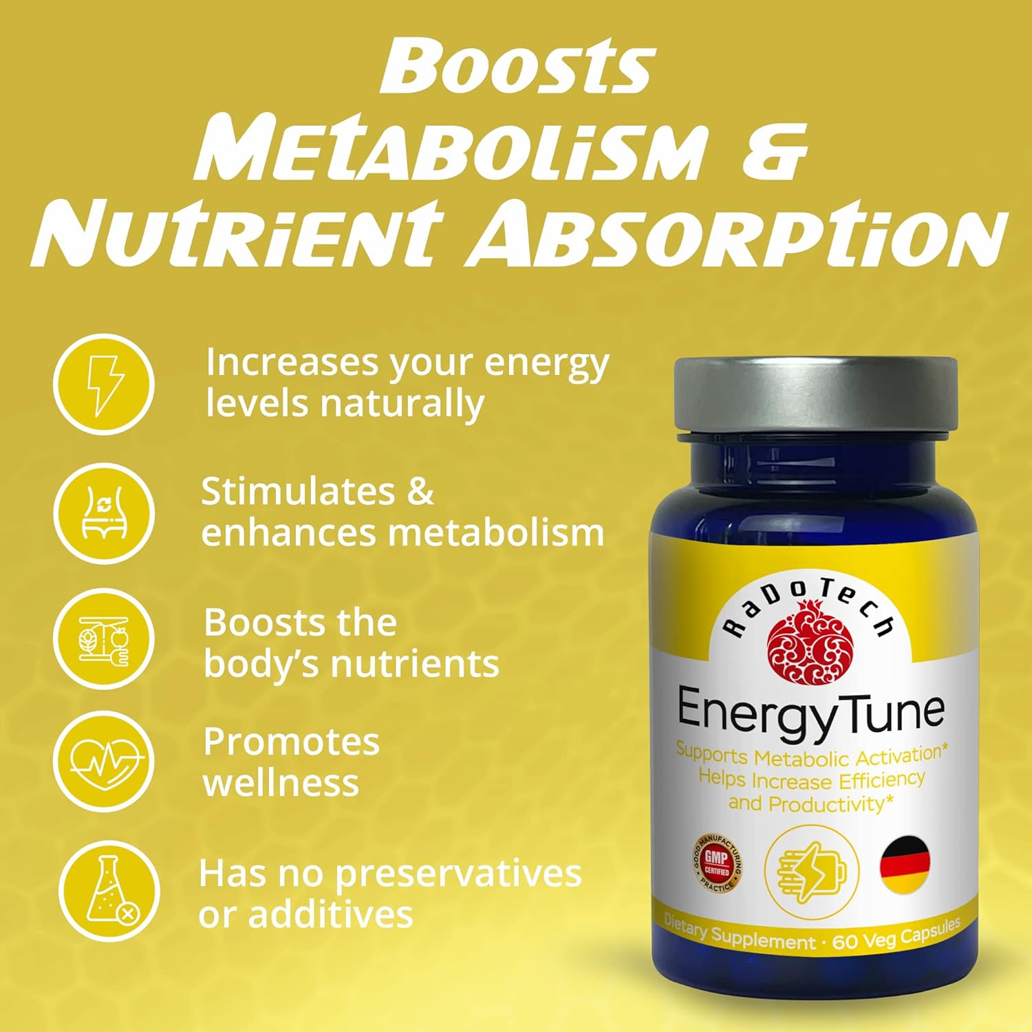 Non-GMO EnergyTune Supplements for Nutrient Absorption and Immune Support - Gluten Free, Vegetarian - Veg Capsules