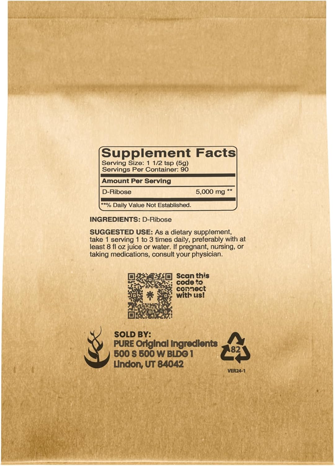 Non-GMO Gluten-Free D-Ribose (1lb) Supplement with Pure Original Ingredients - Unflavored