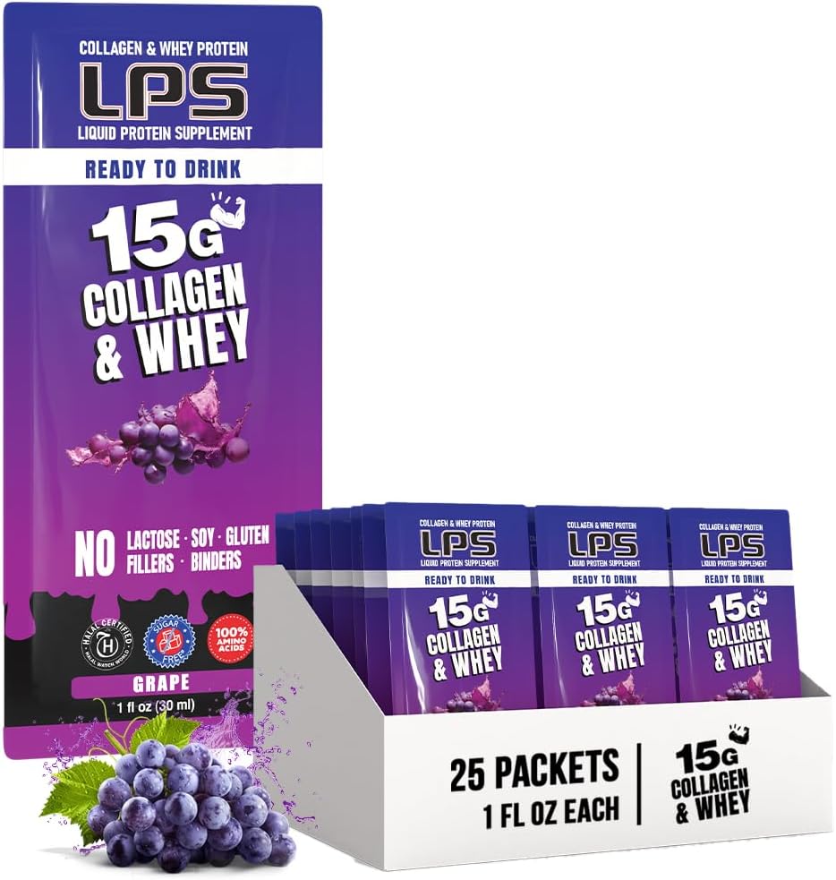 Non-GMO Grape Liquid Collagen & Whey Protein Supplement Drink - Sugar-Free Skin & Hair Health Support for Men & Women - 25 Single Serve Packets