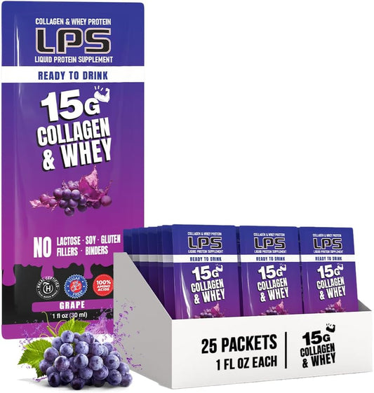 Non-GMO Grape Liquid Collagen & Whey Protein Supplement Drink - Sugar-Free Skin & Hair Health Support for Men & Women - 25 Single Serve Packets