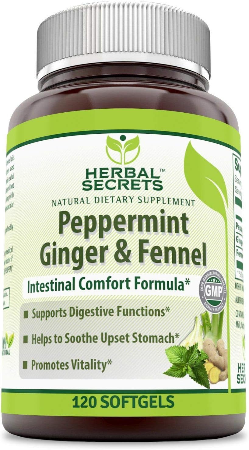 Non-GMO Herbal Secrets Peppermint Ginger & Fennel Softgels for Digestive Support and Vitality, Soothes Upset Stomach