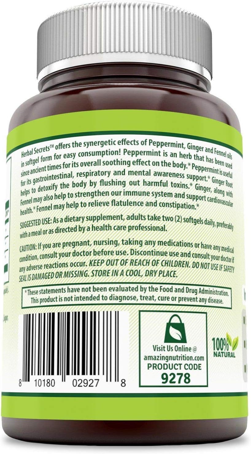 Non-GMO Herbal Secrets Peppermint Ginger & Fennel Softgels for Digestive Support and Vitality, Soothes Upset Stomach