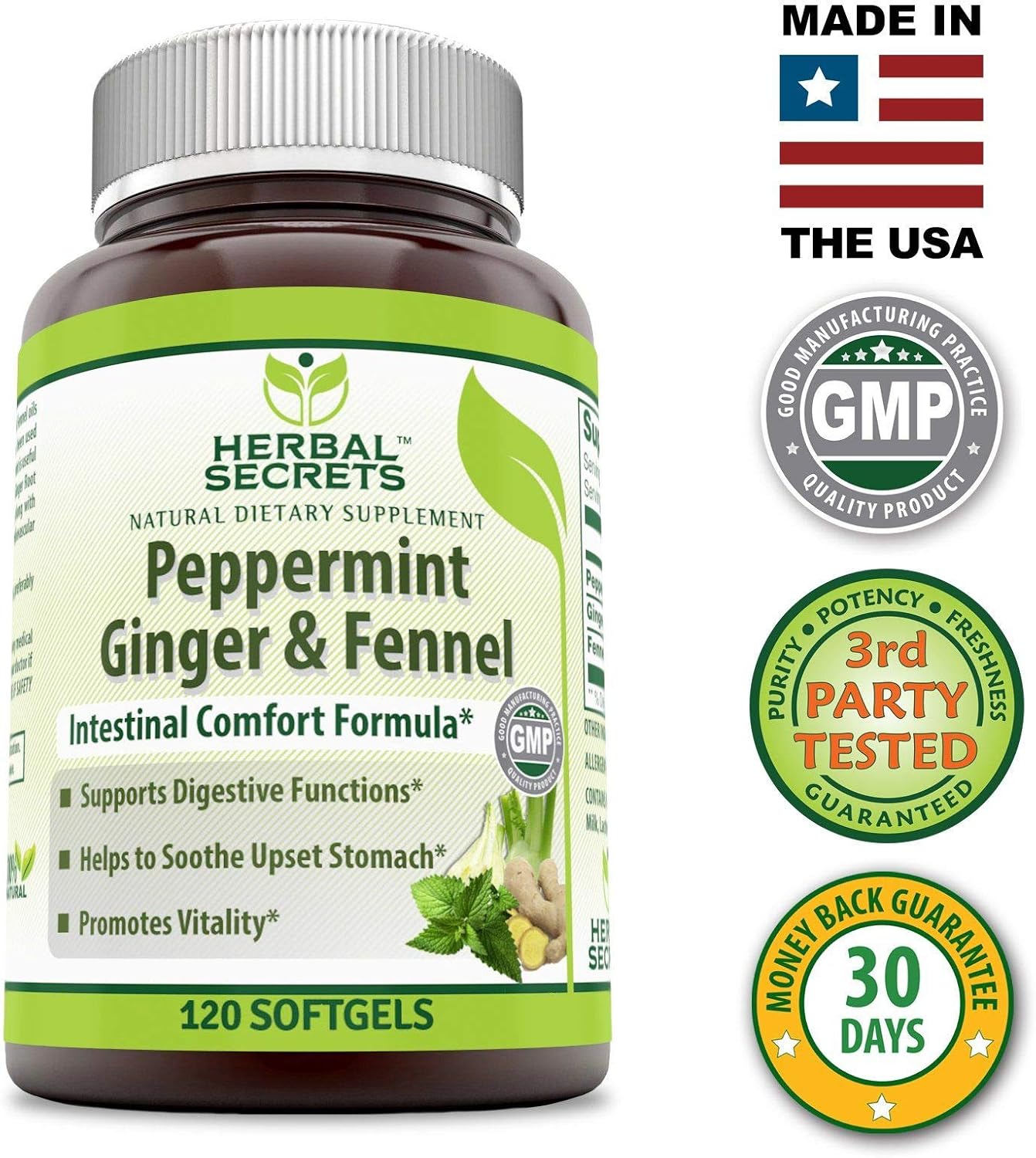 Non-GMO Herbal Secrets Peppermint Ginger & Fennel Softgels for Digestive Support and Vitality, Soothes Upset Stomach