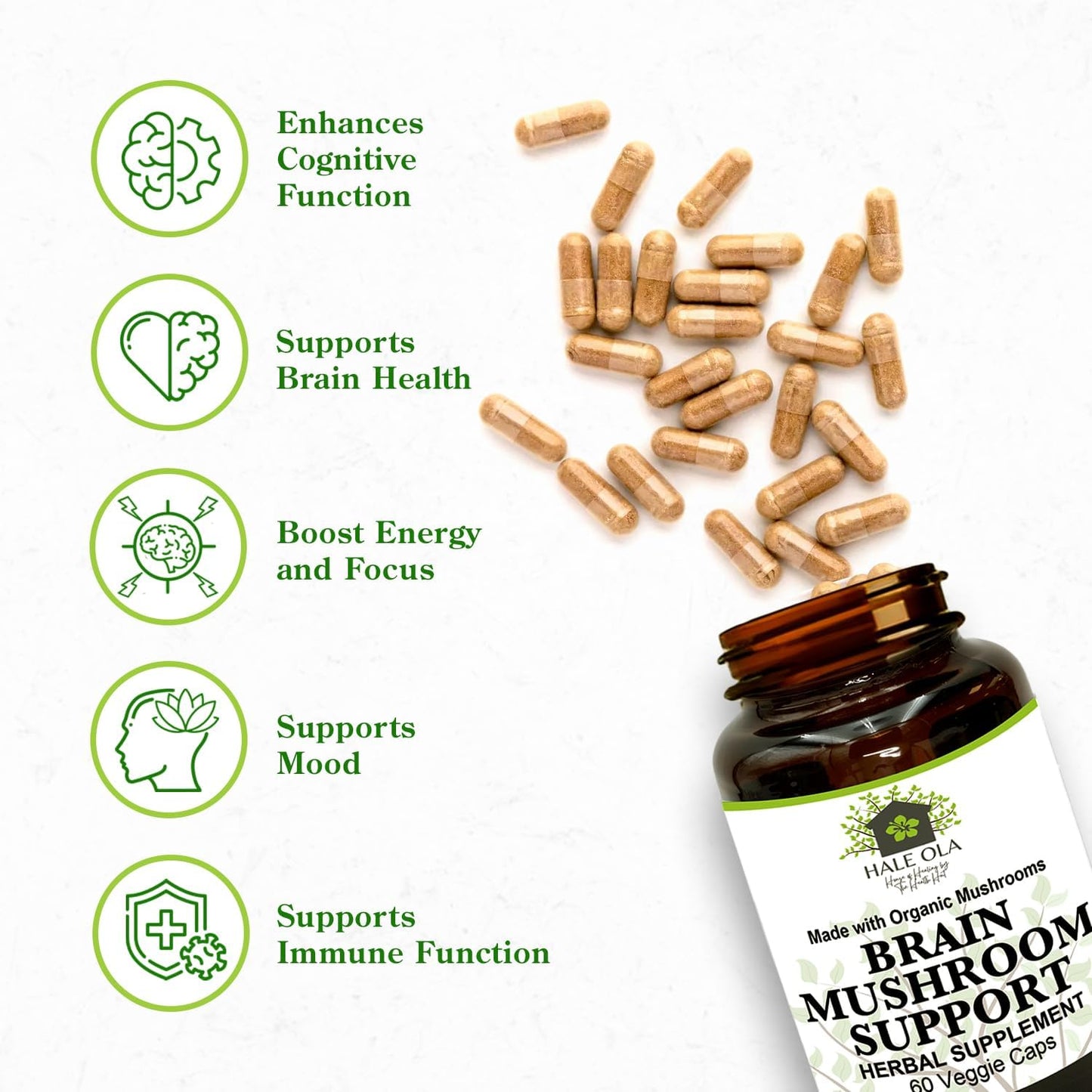 Non-GMO & Kosher Certified Brain Mushroom Supplement for Mental Clarity & Cognitive Health - Potent Blend for Energy, Focus, Memory