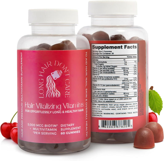Non-GMO Long Hair Vitamins with Pantothenic Acid, Folic Acid, Biotin - Hair, Skin, and Nails Gummies for Women and Men - 60 Count