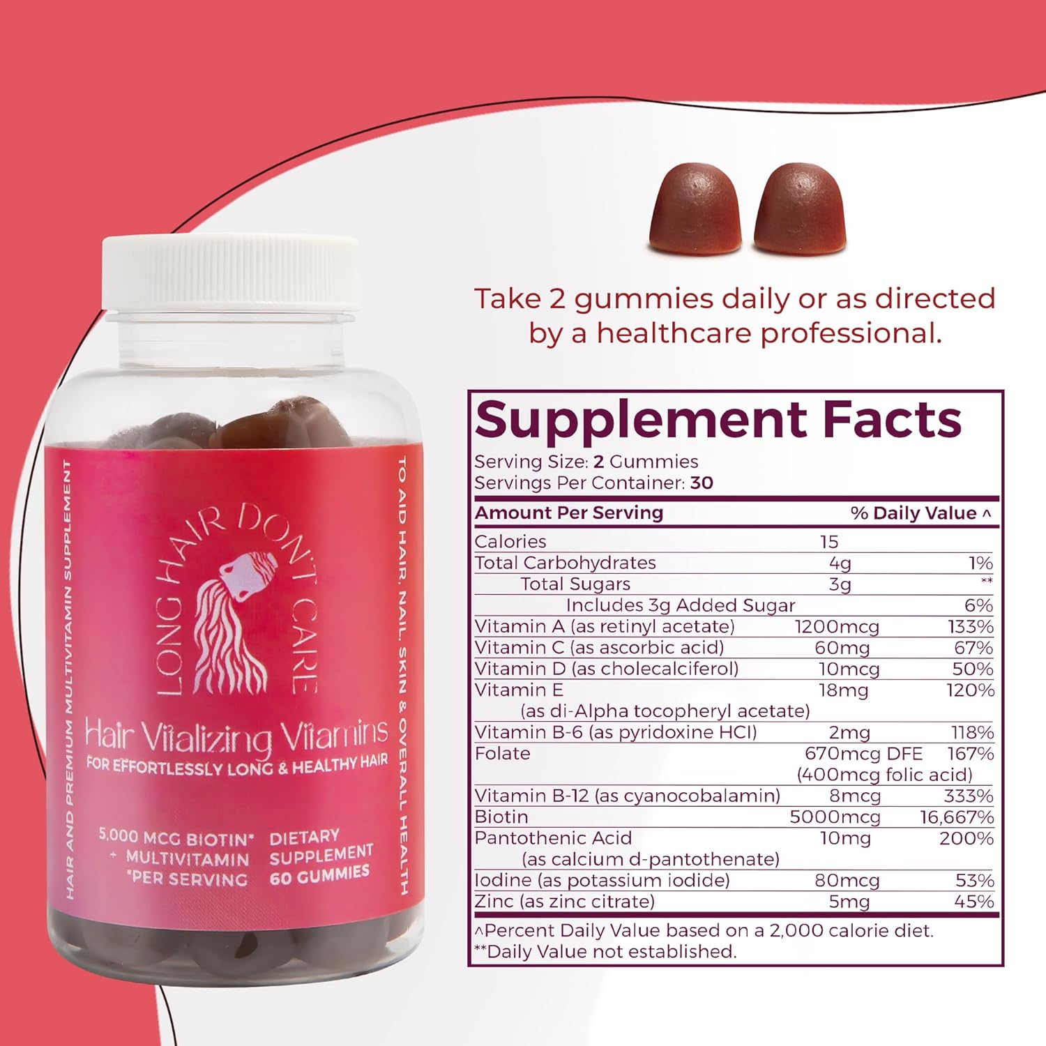 Non-GMO Long Hair Vitamins with Pantothenic Acid, Folic Acid, Biotin - Hair, Skin, and Nails Gummies for Women and Men - 60 Count