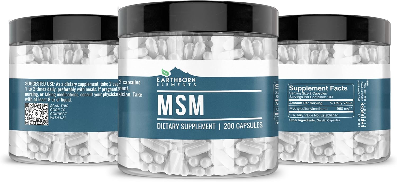 Non-GMO Methylsulfonylmethane (MSM) Capsules - 200 Count by Earthborn Elements