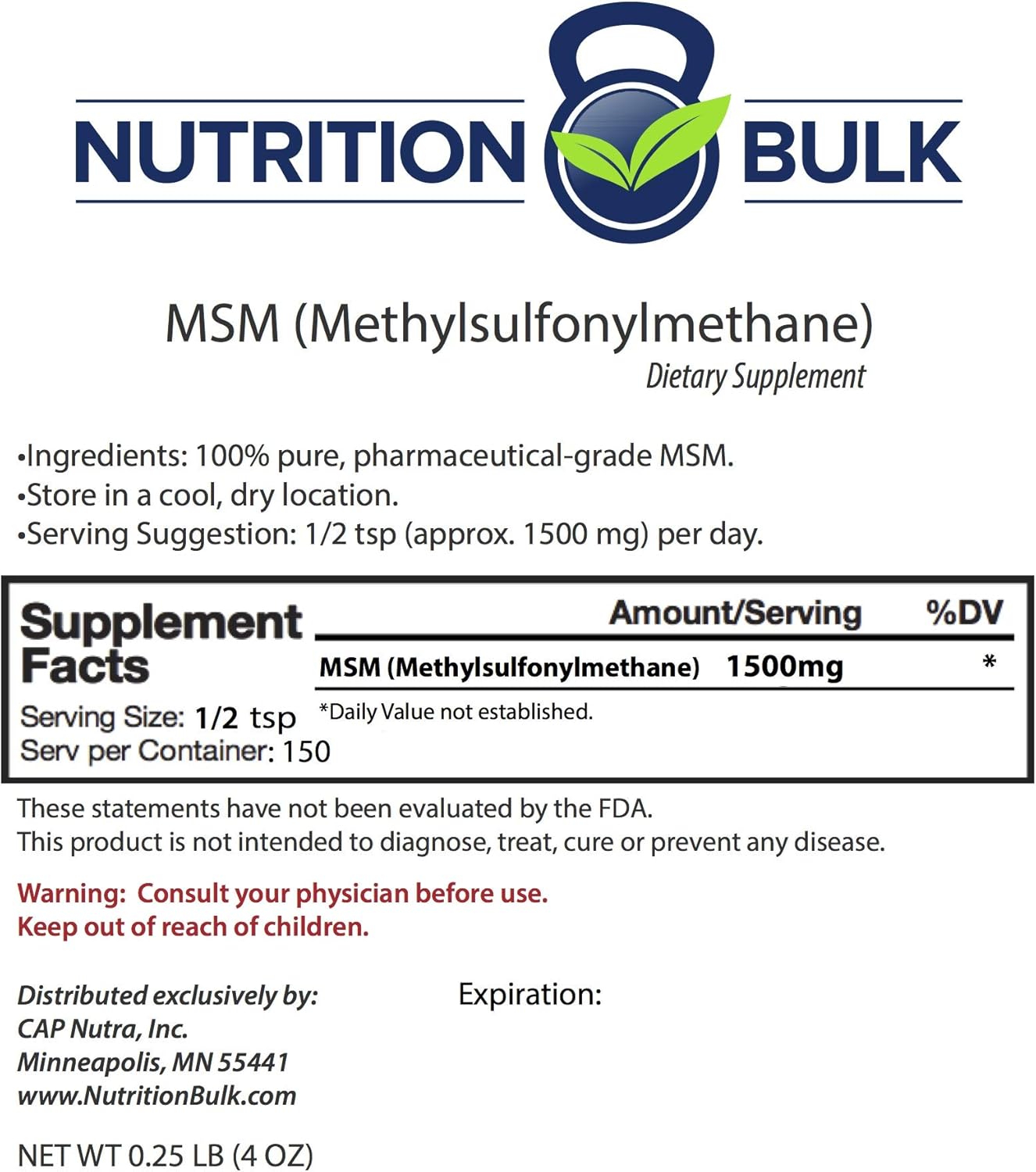 Non-GMO MSM Powder for Bone and Joint Health - NutritionBulk.com (4 oz)