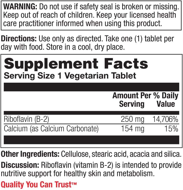 Non-GMO Nature's Life Vitamin B-2 Riboflavin 250 for Skin, Hair, Nails, Metabolism - 100 VegCaps, Pack of 2