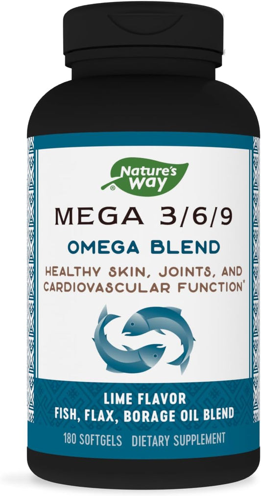 Non-GMO Nature's Way Mega 3/6/9 Omega Blend with Fish, Flax, Borage Oils - Lime Flavor, 180 Count