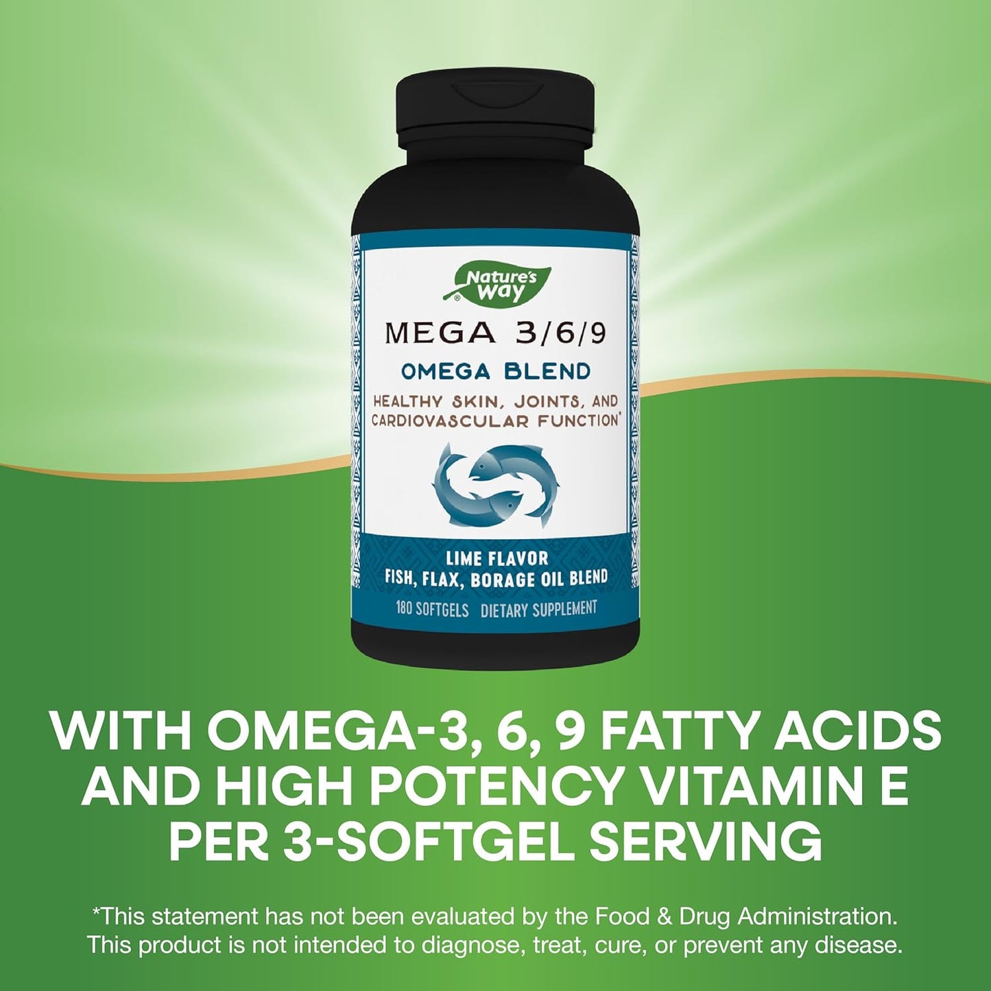 Non-GMO Nature's Way Mega 3/6/9 Omega Blend with Fish, Flax, Borage Oils - Lime Flavor, 180 Count