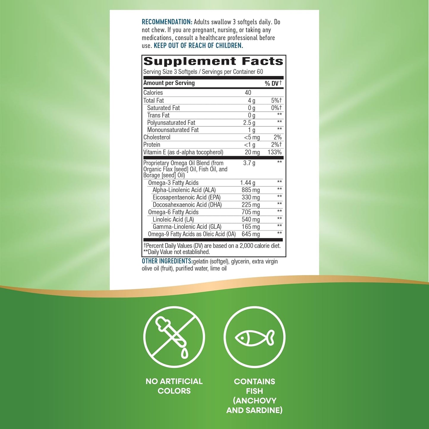 Non-GMO Nature's Way Mega 3/6/9 Omega Blend with Fish, Flax, Borage Oils - Lime Flavor, 180 Count